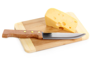 Cheese on cutting board with knife isolated on white