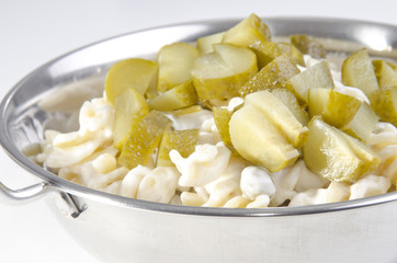 cold pasta salad with mayonnaise and pickles
