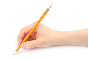Woman hand with pencil on a white background