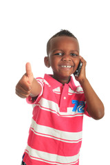 African American child with black telephone isolated
