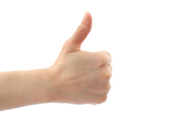 Woman hand with thumb up isolated on white background