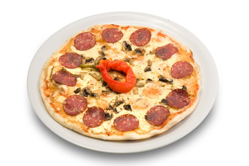 Pizza with sausage and chili pepper on a plate
