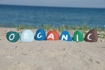 organic word painted on colourful pebbles