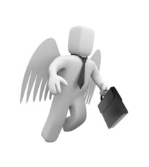 Businessman is flying on wings of angel