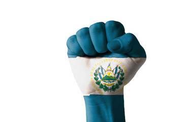 Fist painted in colors of el salvador flag