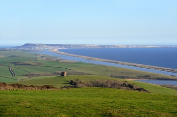 Clear view to Portland Dorset from Abbotsbury with Chesil Beach.