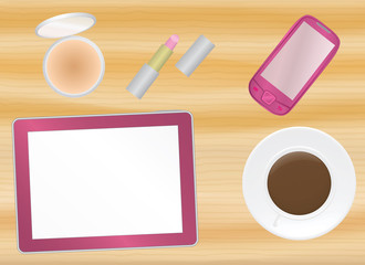 female office table with tablet pc vector illustration