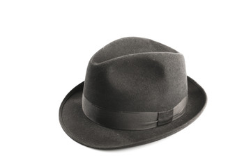 a dark greyfedora hat isolated on white