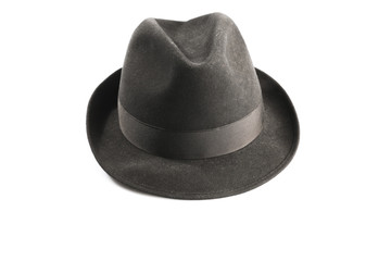 Fototapeta na wymiar a dark greyfedora hat isolated on white