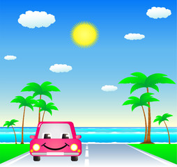 smile cartoon car on tropical resort road