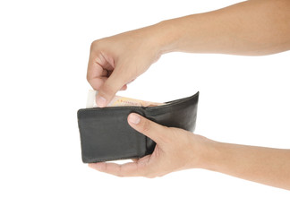 Hand holding old wallet with money isolated on white background