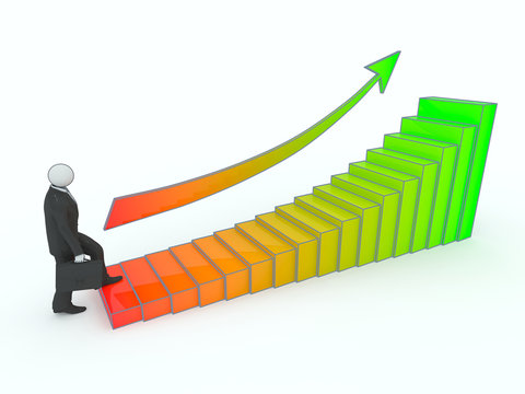 Businessman goes up the stairs of profit growth.