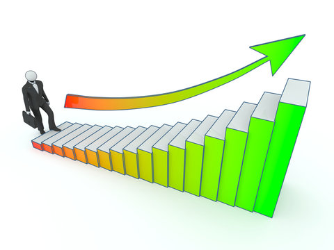 Businessman goes up the stairs of profit growth.