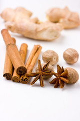 Selection of exotic spices on white background.