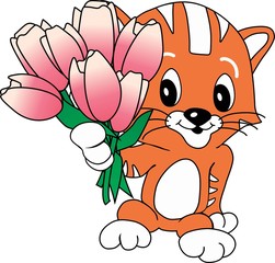 Red cat and flowers