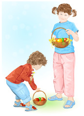 Happy Easter! Children holding baskets with eggs