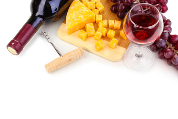 Bottle of great wine with wineglass and cheese isolated on white