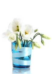 beautiful spring flowers in blue vase isolated on white