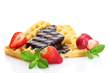 belgium waffles with strawberries and mint  isolated on white