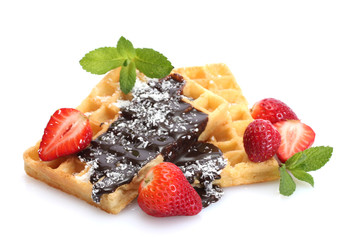belgium waffles with strawberries and mint  isolated on white