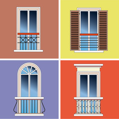 Four classical types of french balconies over stucco background