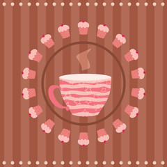 greeting card with a cup of tea and a cupcakes