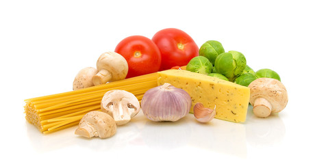 vegetables, pasta, mushrooms and cheese on white background