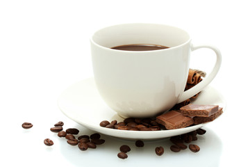 cup of coffee, beans and chocolate isolated on white