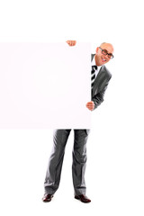 young business man showing blank signboard