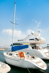 Fototapeta premium Yachts on an anchor in harbor.