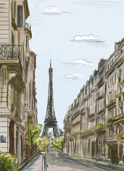 Papier Peint Lavable Café de rue dessiné Rue de Paris - illustration