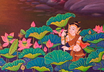 Obraz na płótnie Canvas Lotus painting in Thai style on temple wall