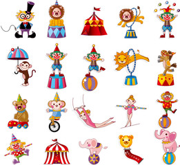 cartoon happy circus show icons collection