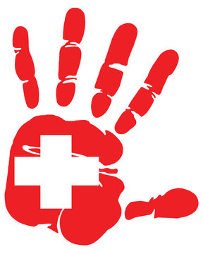 Hand print of Swiss flag colors