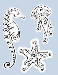 seahorse, jellyfish starfish