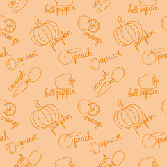 Orange background with doodle fruits and vegetables