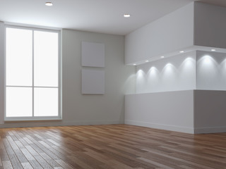 Interno vuoto con parquet e finestra 3d