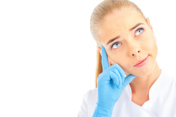 Thoughtful female doctor isolated over a white background