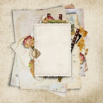 Vintage background with old cards and filmstrip