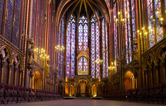 Illuminated interior of the Sainte Chapelle, Paris, France