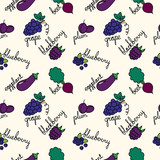pattern with cartoon purple fruits and vegetables