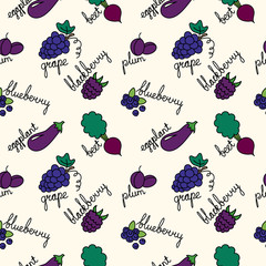 pattern with cartoon purple fruits and vegetables
