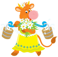 Cow with milk and flowers