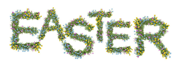 Easter word from grass and flower. isolated on white