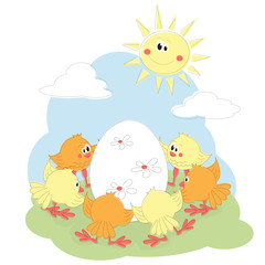 Easter greeting card with cartoon chicken