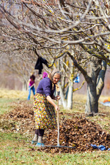 Mother and daughter working in an orchard