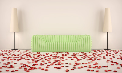 room with green sofa and hearts on the floor with the beige floo