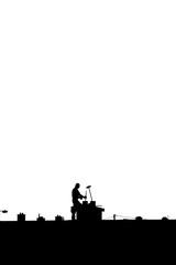 chimney sweep silhouette on the rooftop against white