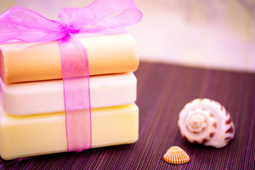 stacked soaps and shell