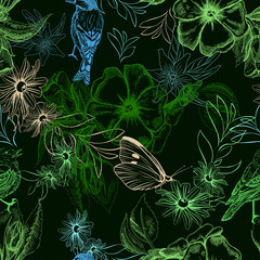 Panele Szklane Podświetlane  Nocny wzór z motylami i ptakami na kwiatach jabłoni